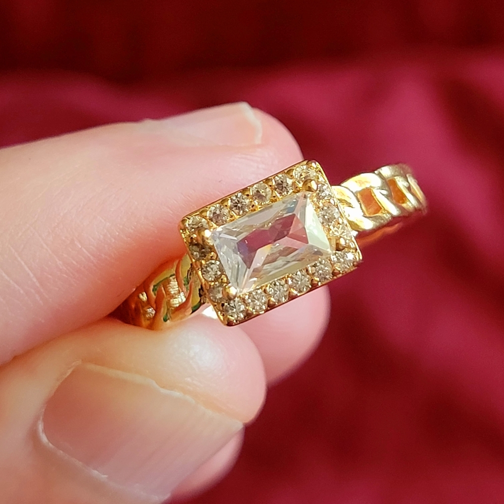 Diamond Halo Gold Chain Ring Adjustable Band One Size Fits All